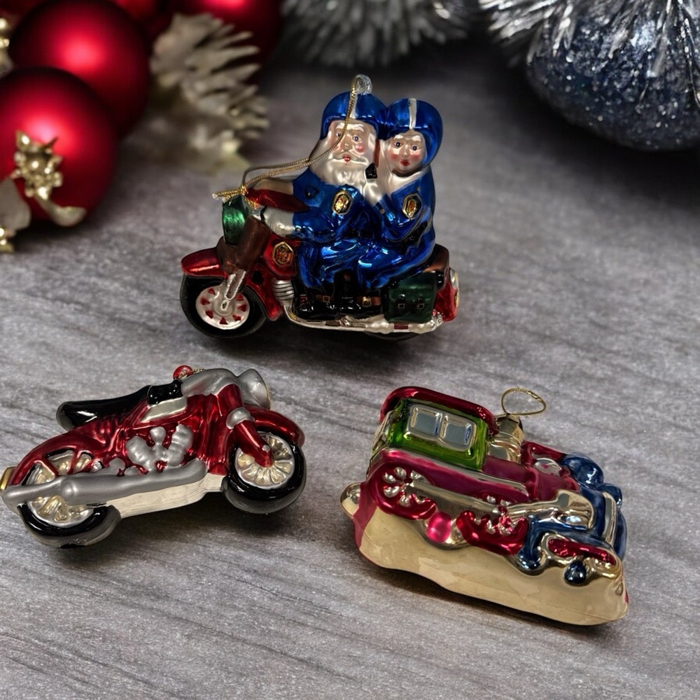 Lot Of 3 Vtg Blown Glass Christmas‎ Ornament Motorcycles Train  Santa Mrs Claus